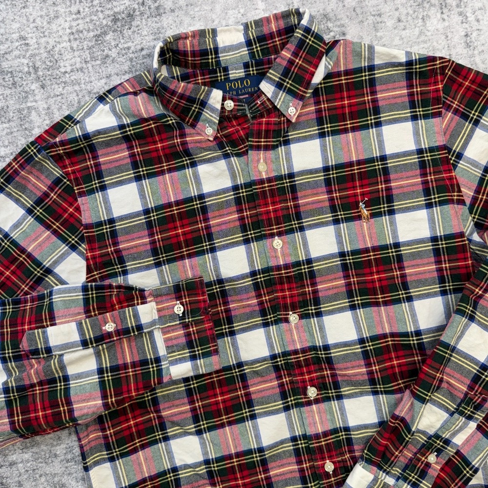 Polo Ralph Lauren Shirt Men Large Slim Tartan Plaid Oxford Cotton Flesh Pony Ivy